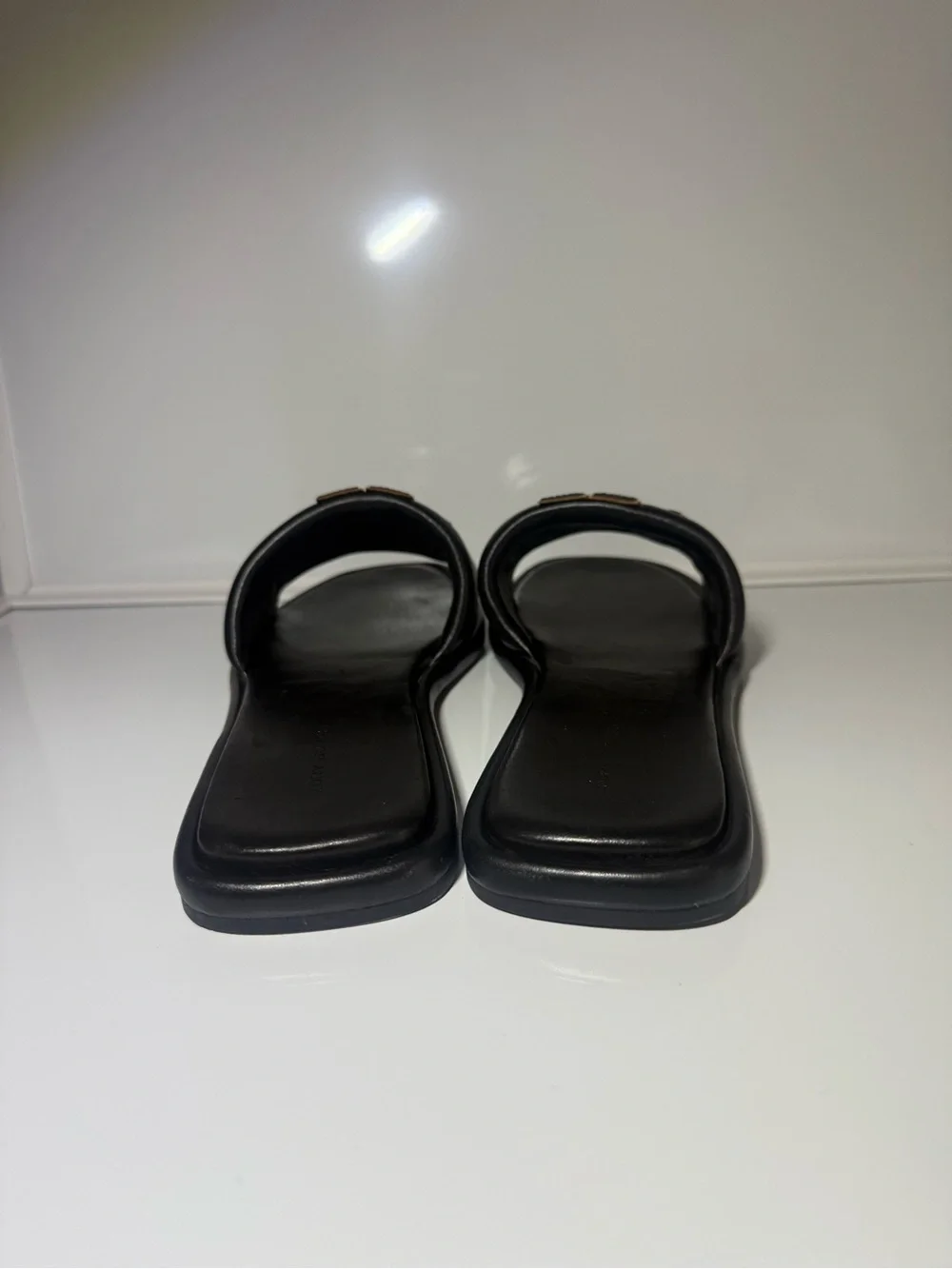 Tory Burch Black Leather Slide Mules with Gold Logo Embellishment size 9